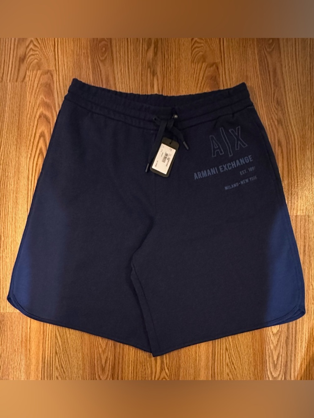 Armani Exchange Men's Blue Logo Drawstring Cotton Fleece Shorts, Size L